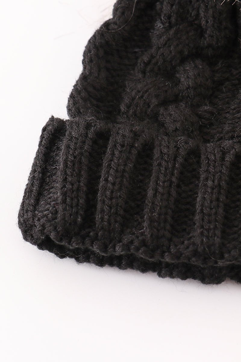 Black pompom cable beanie hat - Abbies Place