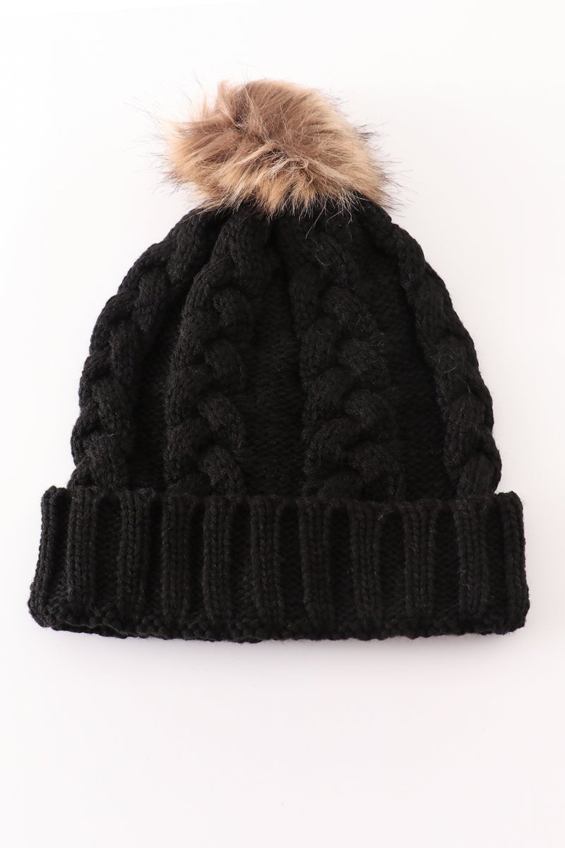 Black pompom cable beanie hat - Abbies Place