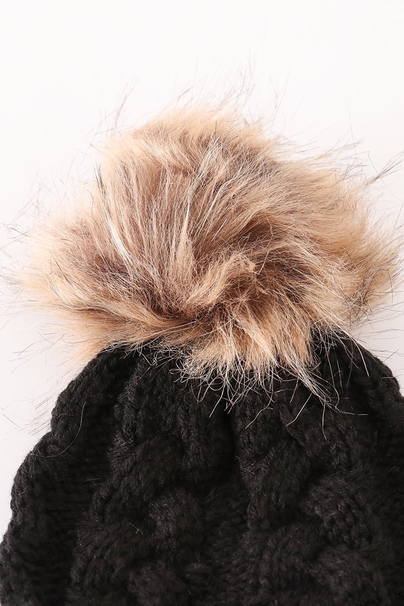Black pompom cable beanie hat - Abbies Place
