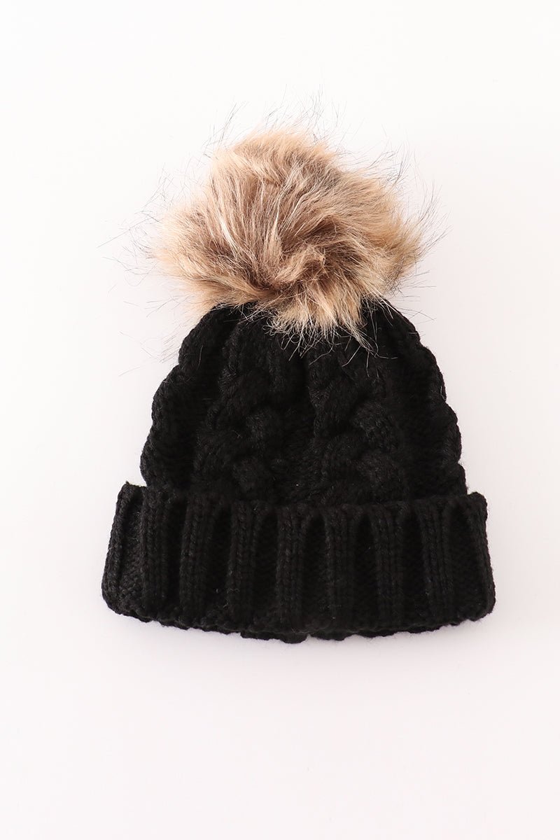 Black pompom cable beanie hat - Abbies Place