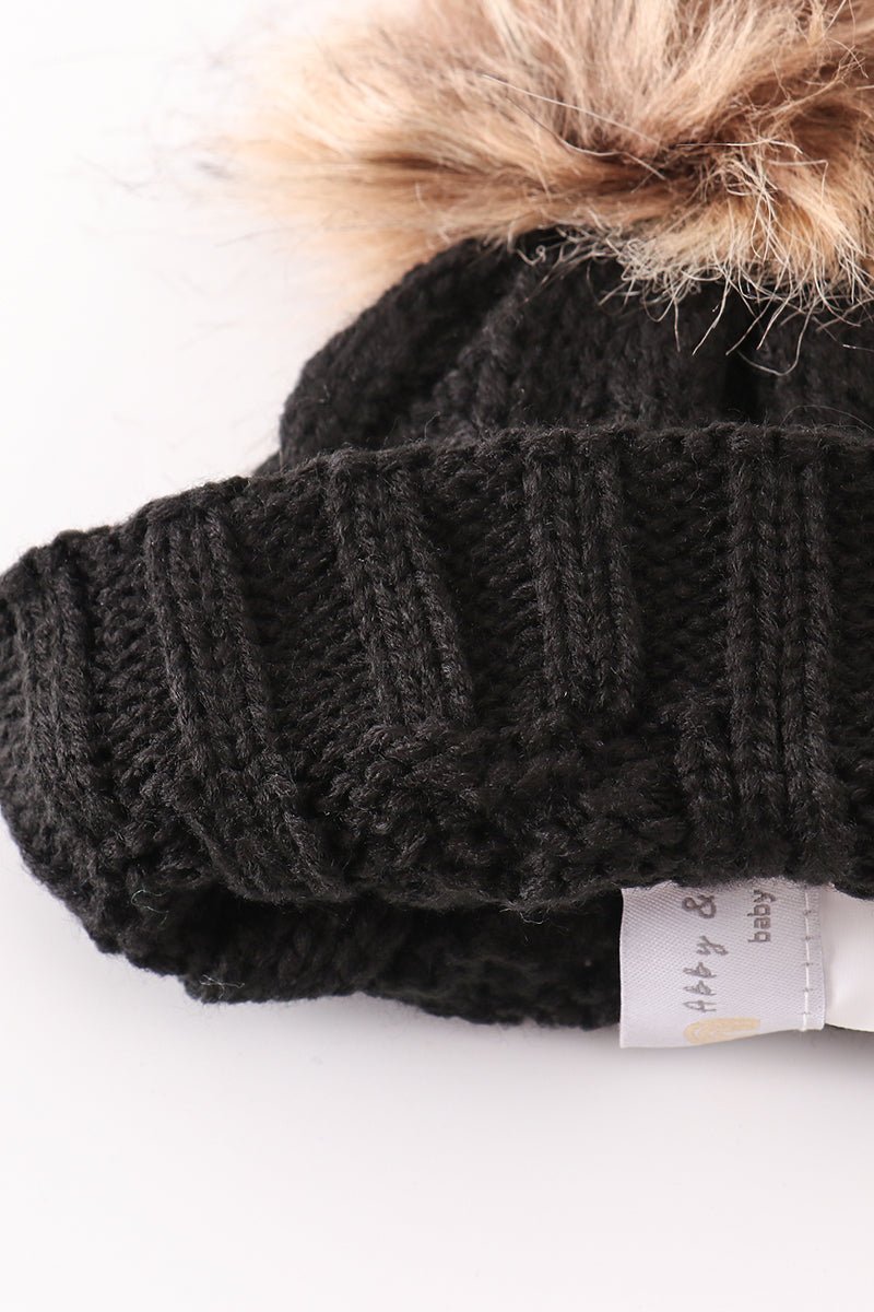 Black pompom cable beanie hat - Abbies Place