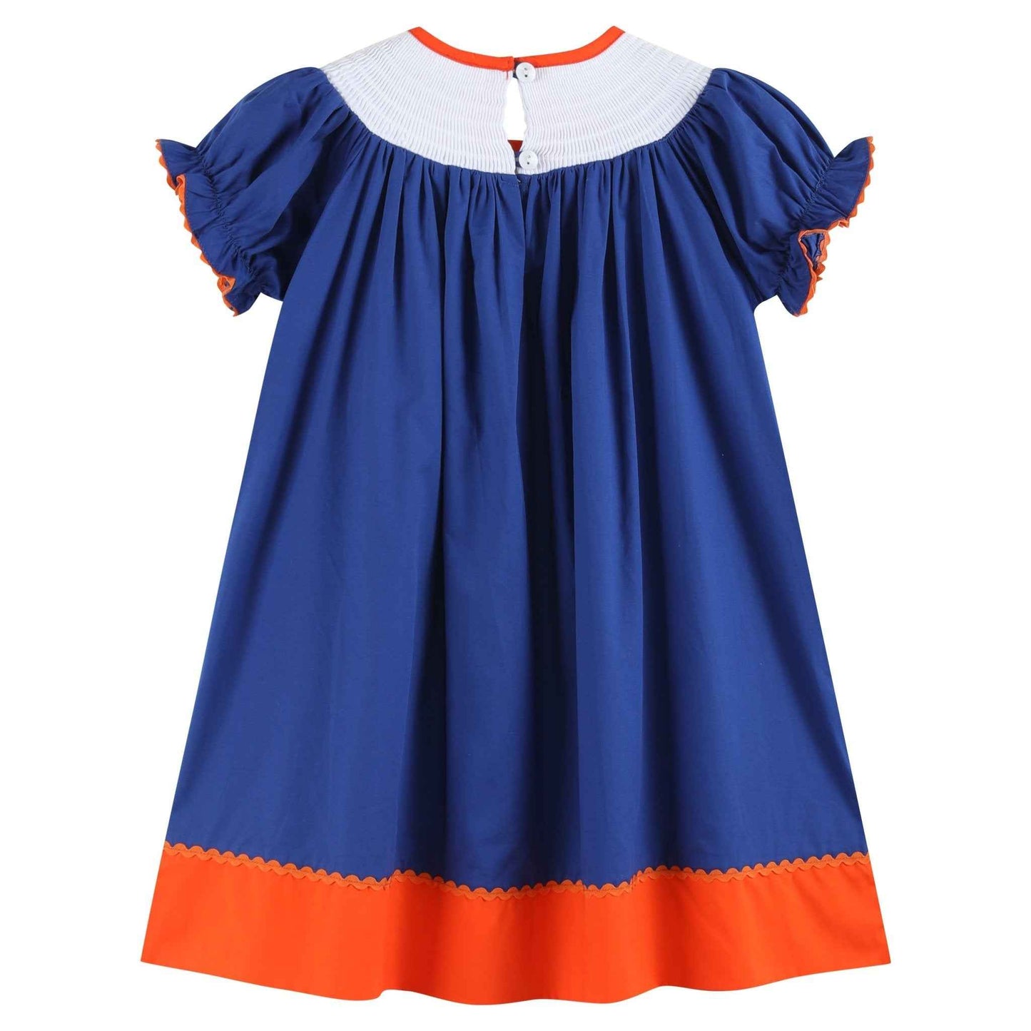 Blue and Orange Football Smocked Bishop Dress - Abbies Place