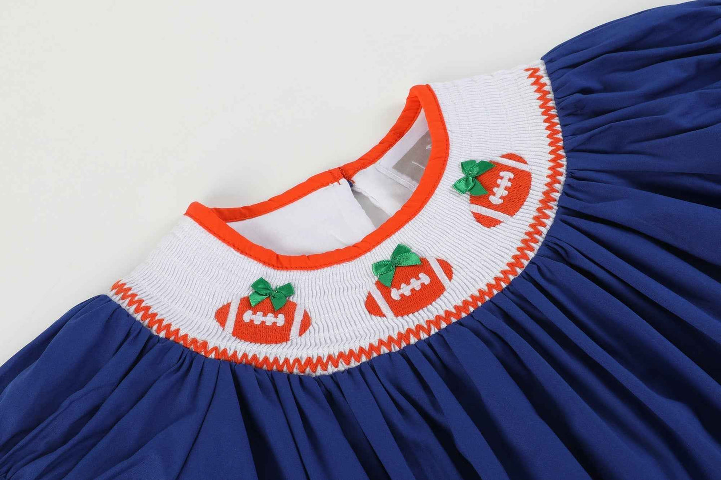 Blue and Orange Football Smocked Bishop Dress - Abbies Place