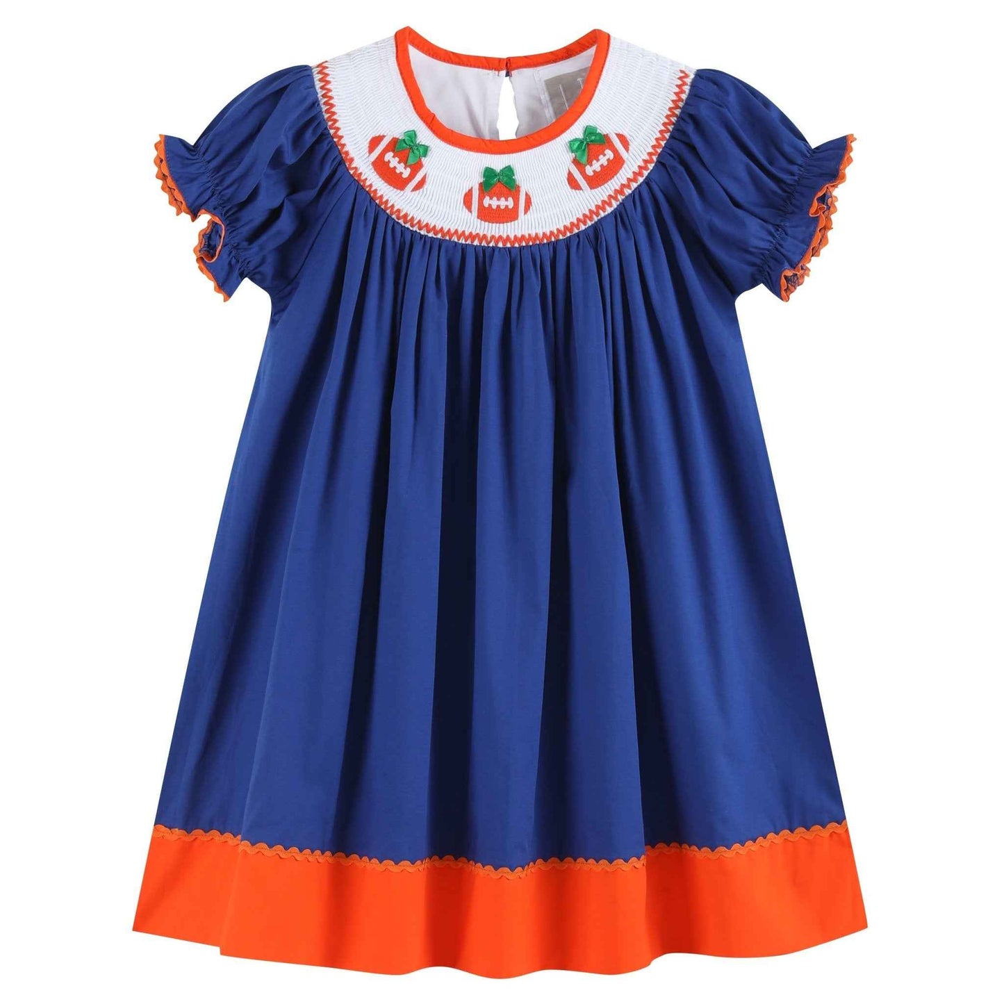 Blue and Orange Football Smocked Bishop Dress - Abbies Place