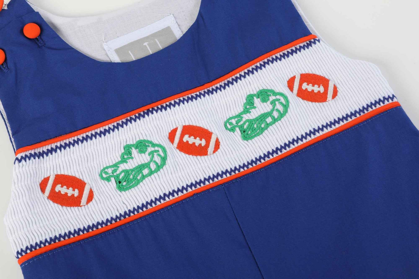 Blue and Orange Football Smocked Overalls - Abbies Place