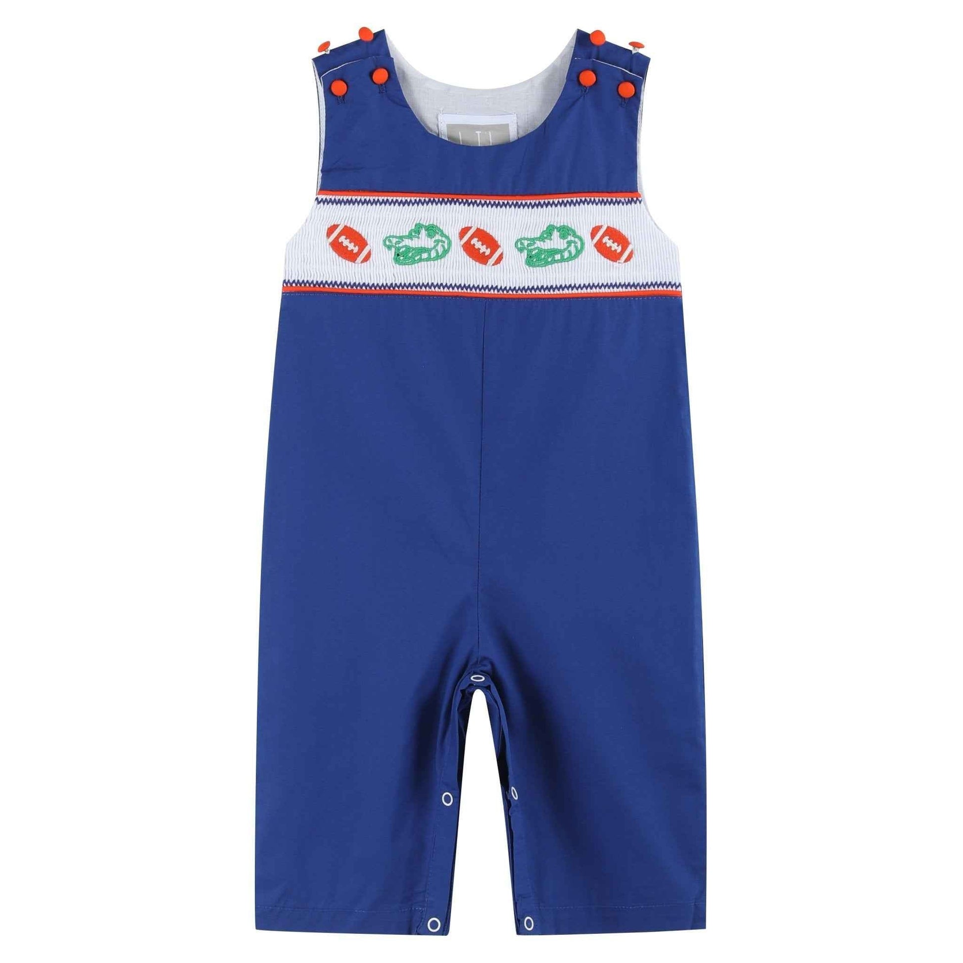 Blue and Orange Football Smocked Overalls - Abbies Place