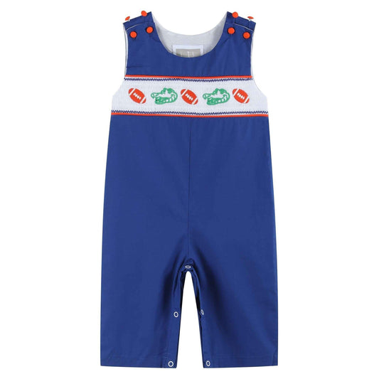 Blue and Orange Football Smocked Overalls - Abbies Place