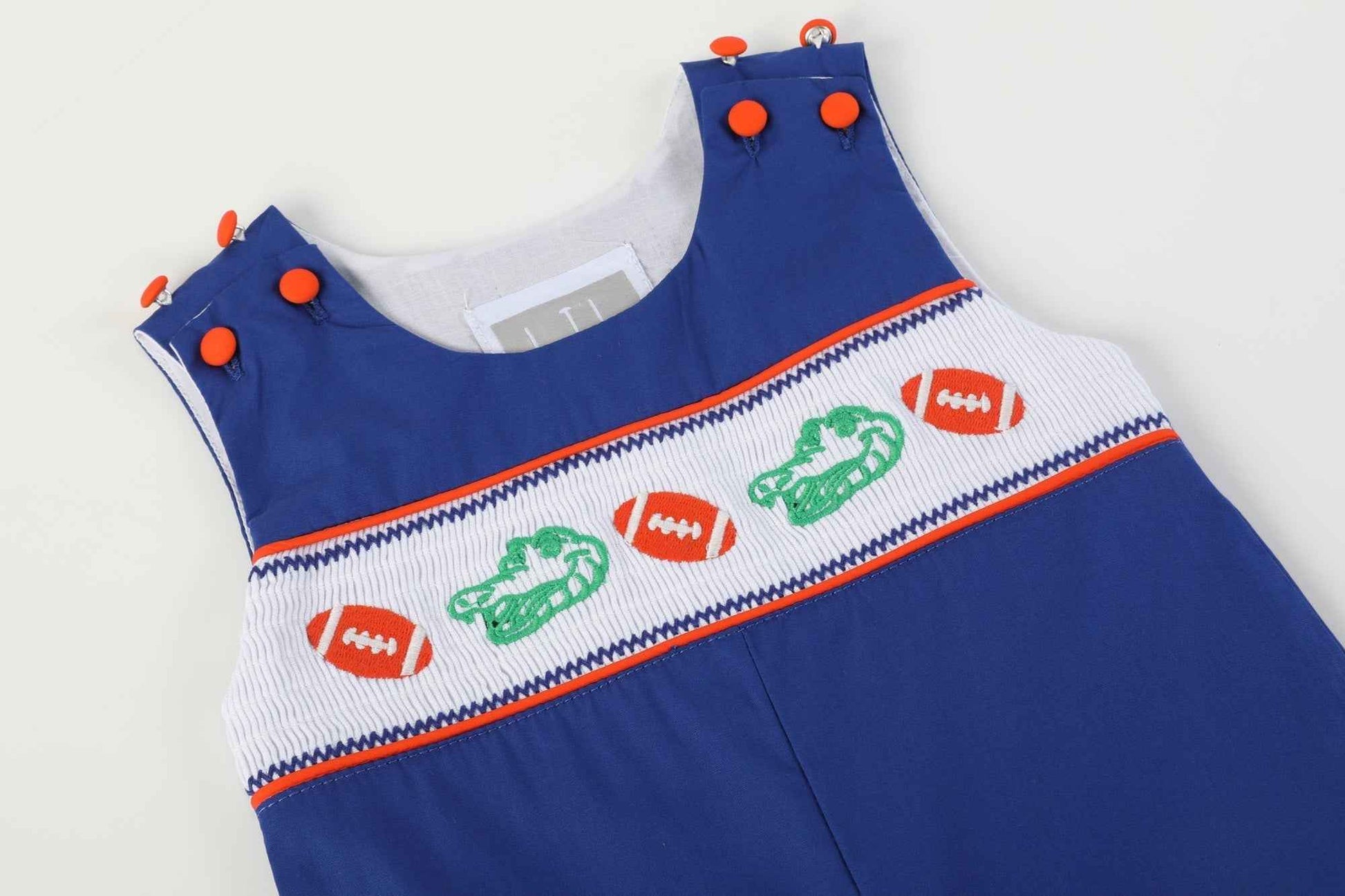 Blue and Orange Football Smocked Overalls - Abbies Place