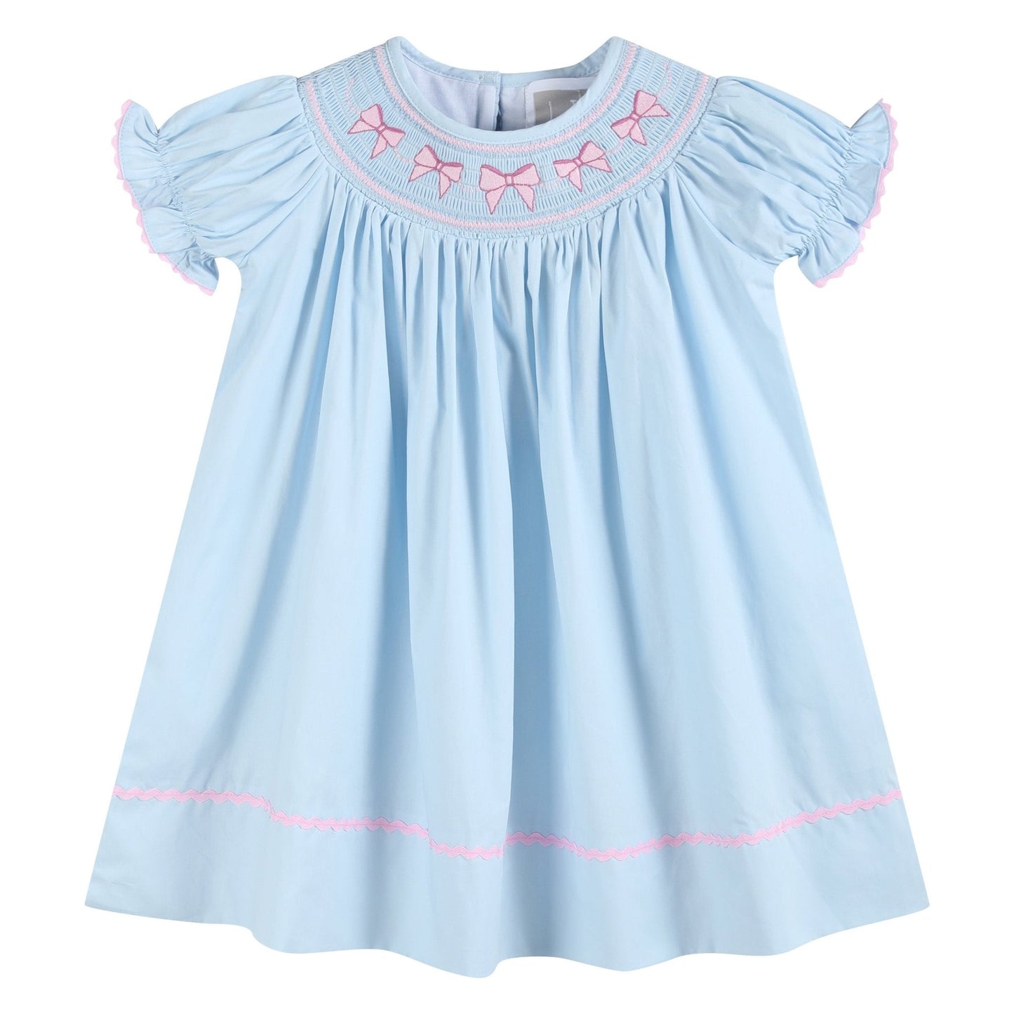 Blue and Pink Bow Smocked Bishop Dress - Abbies Place