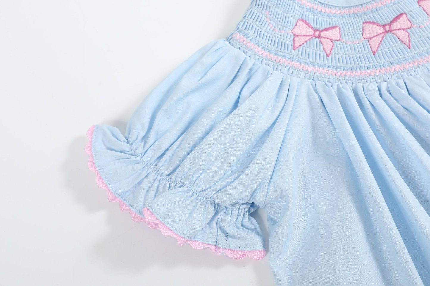 Blue and Pink Bow Smocked Bishop Dress - Abbies Place