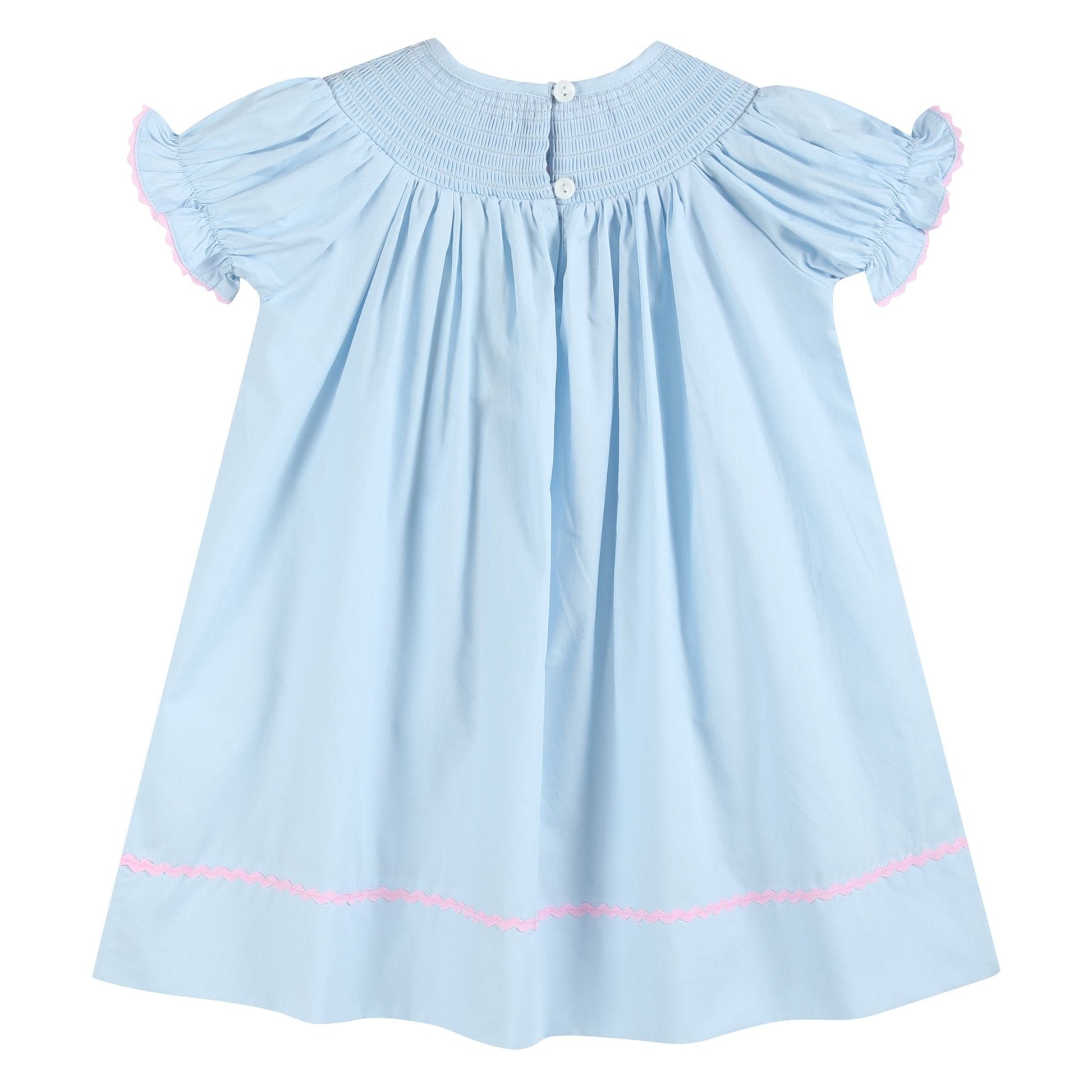 Blue and Pink Bow Smocked Bishop Dress - Abbies Place