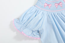 Load image into Gallery viewer, Blue and Pink Bow Smocked Bishop Dress

