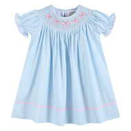Blue and Pink Bow Smocked Bishop Dress