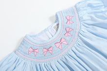 Load image into Gallery viewer, Blue and Pink Bow Smocked Bishop Dress
