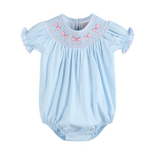 Load image into Gallery viewer, Blue and Pink Bow Smocked Romper

