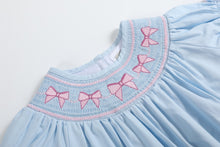 Load image into Gallery viewer, Blue and Pink Bow Smocked Romper
