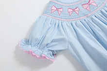Load image into Gallery viewer, Blue and Pink Bow Smocked Romper
