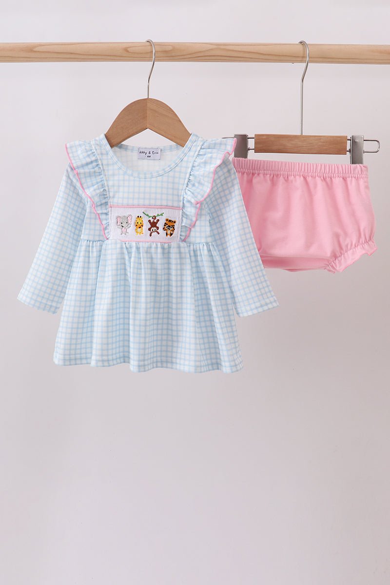 Blue animal smocked ruffle bloomer set - Abbies Place