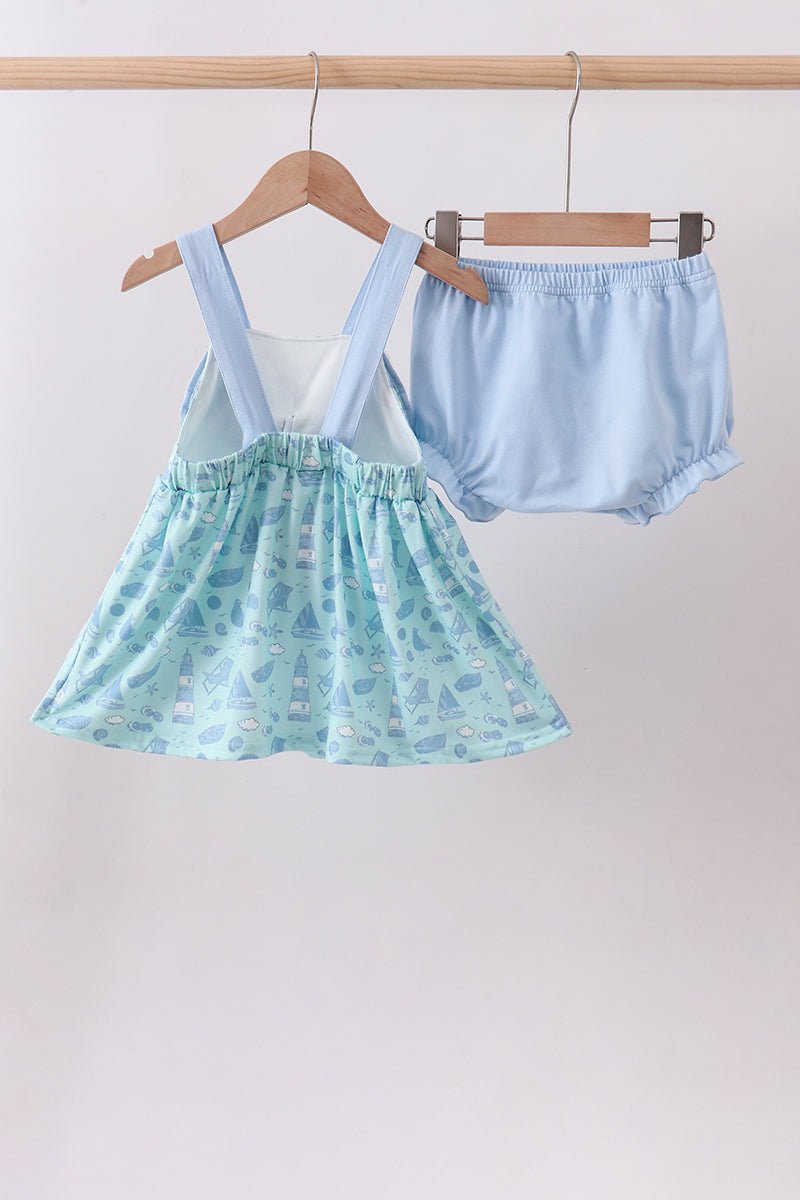 Blue beach print bow bloomer set - Abbies Place