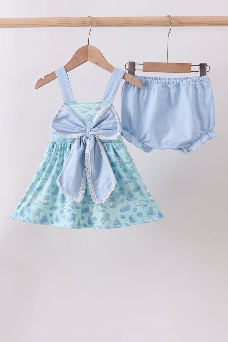 Blue beach print bow bloomer set - Abbies Place