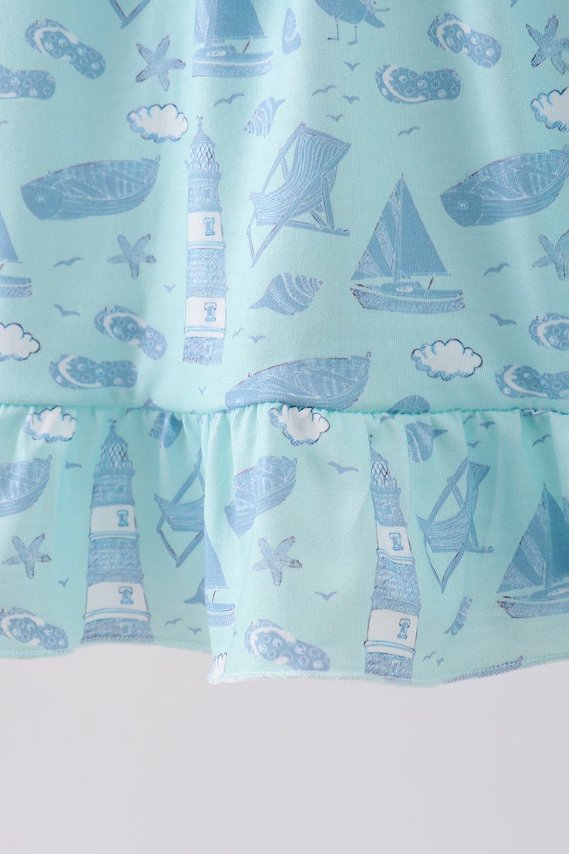 Blue beach print bow ruffle dress - Abbies Place