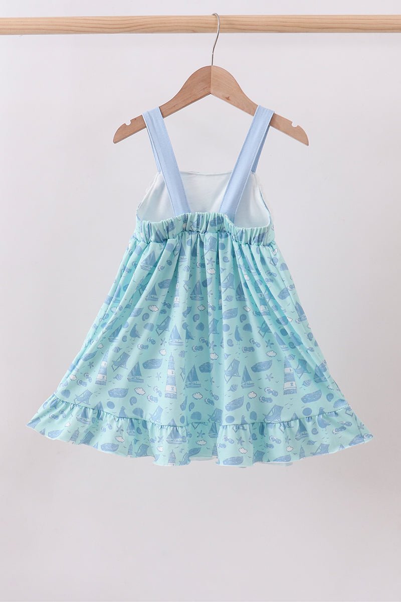 Blue beach print bow ruffle dress - Abbies Place