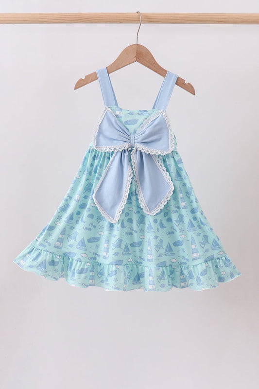 Blue beach print bow ruffle dress - Abbies Place