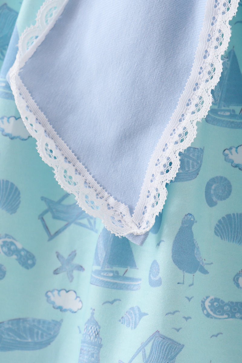 Blue beach print bow ruffle dress - Abbies Place