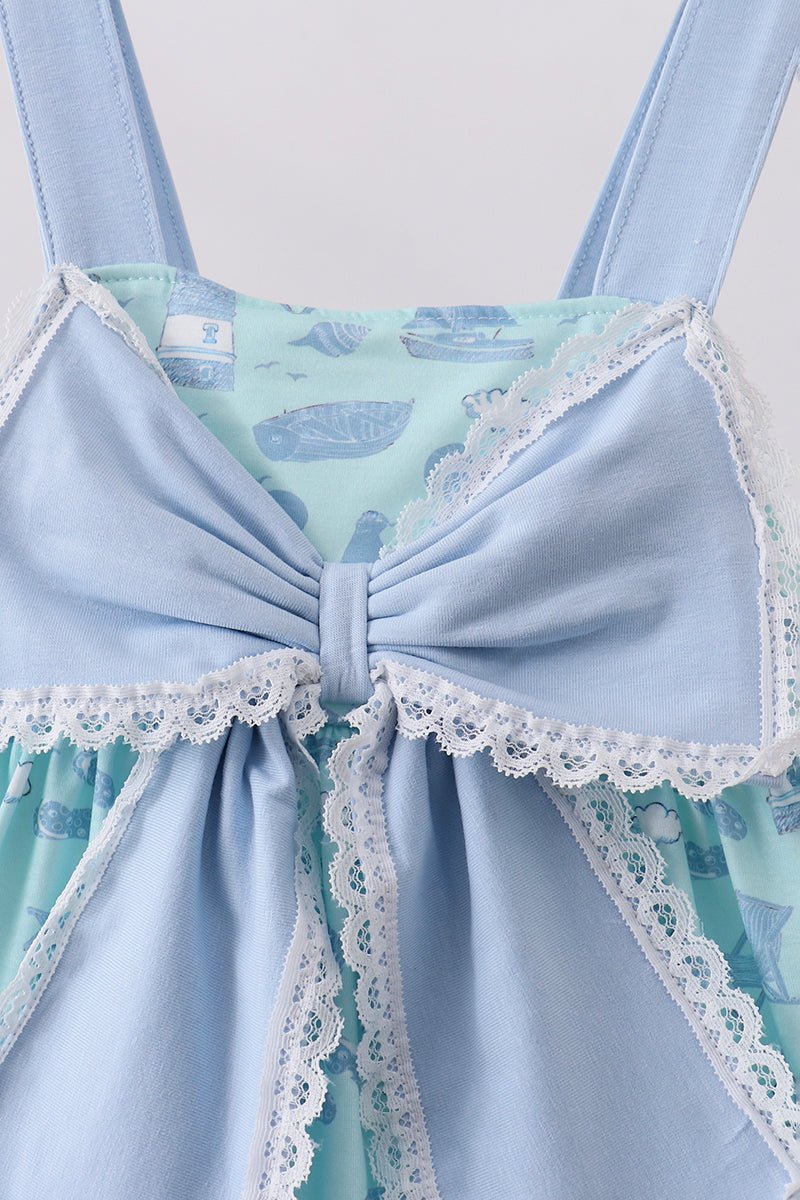 Blue beach print bow ruffle dress - Abbies Place