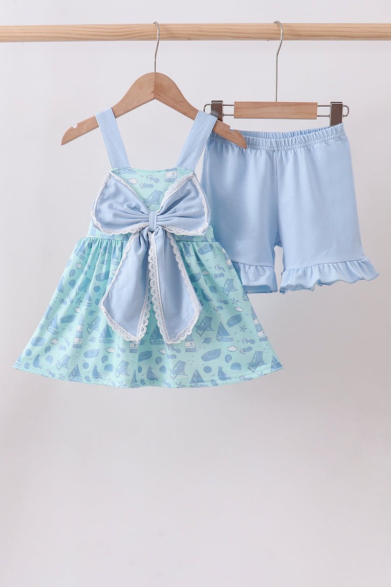 Blue beach print bow ruffle shorts set - Abbies Place