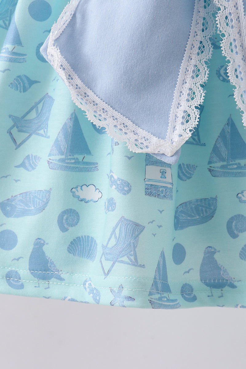 Blue beach print bow ruffle shorts set - Abbies Place