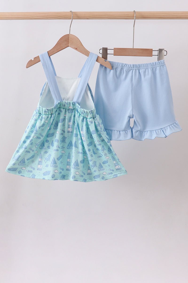 Blue beach print bow ruffle shorts set - Abbies Place