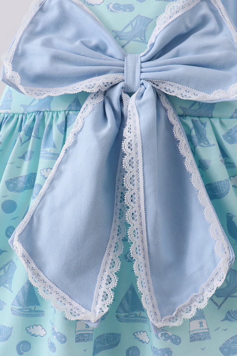 Blue beach print bow ruffle shorts set - Abbies Place