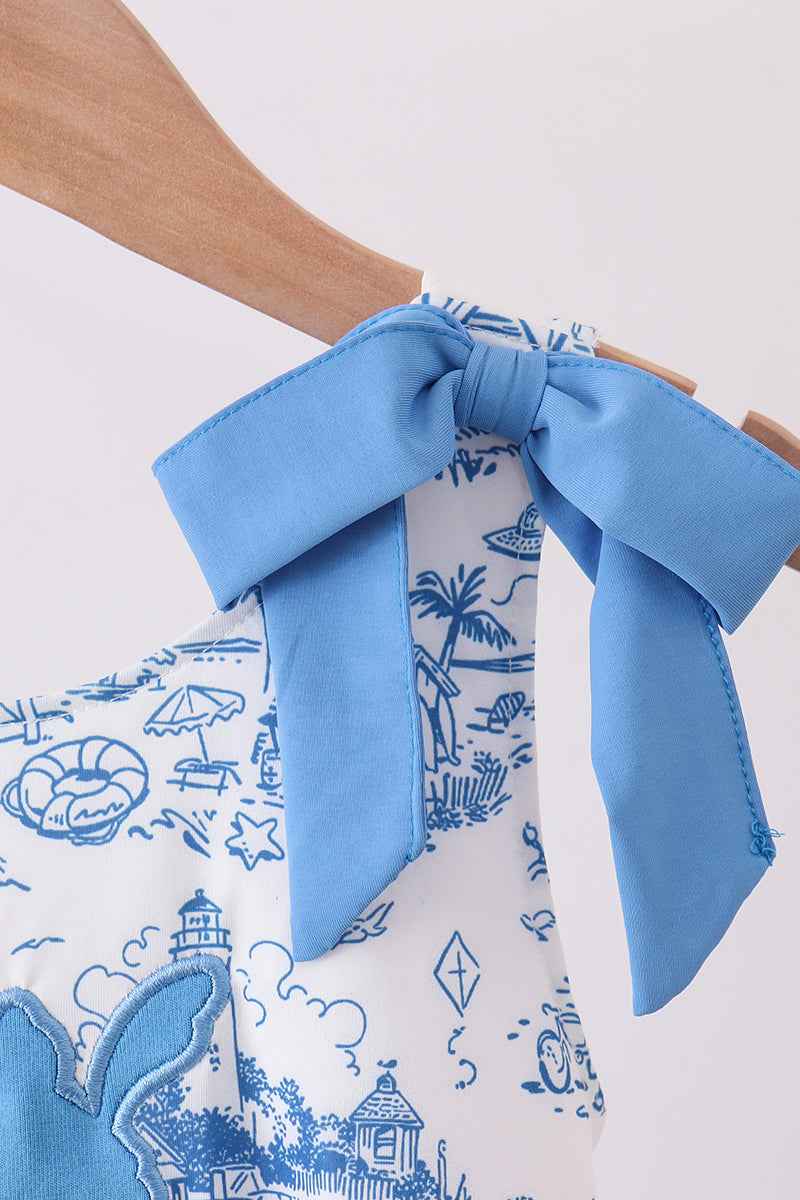 Blue beach sea turtle applique ruffle swimsuit - Abbies Place