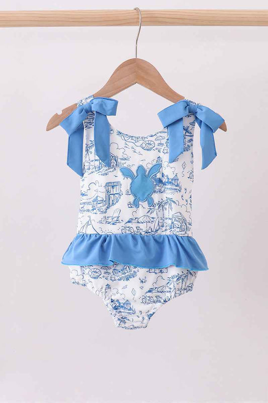Blue beach sea turtle applique ruffle swimsuit - Abbies Place