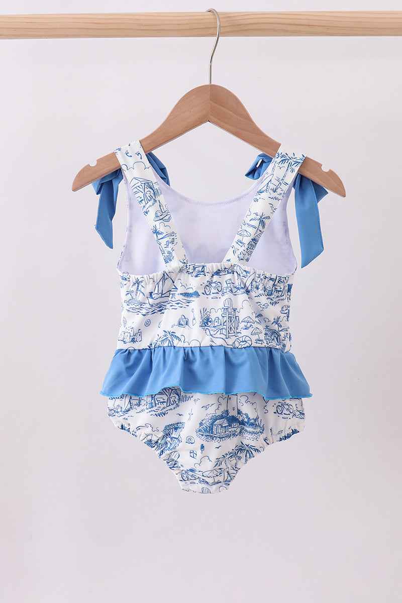 Blue beach sea turtle applique ruffle swimsuit - Abbies Place
