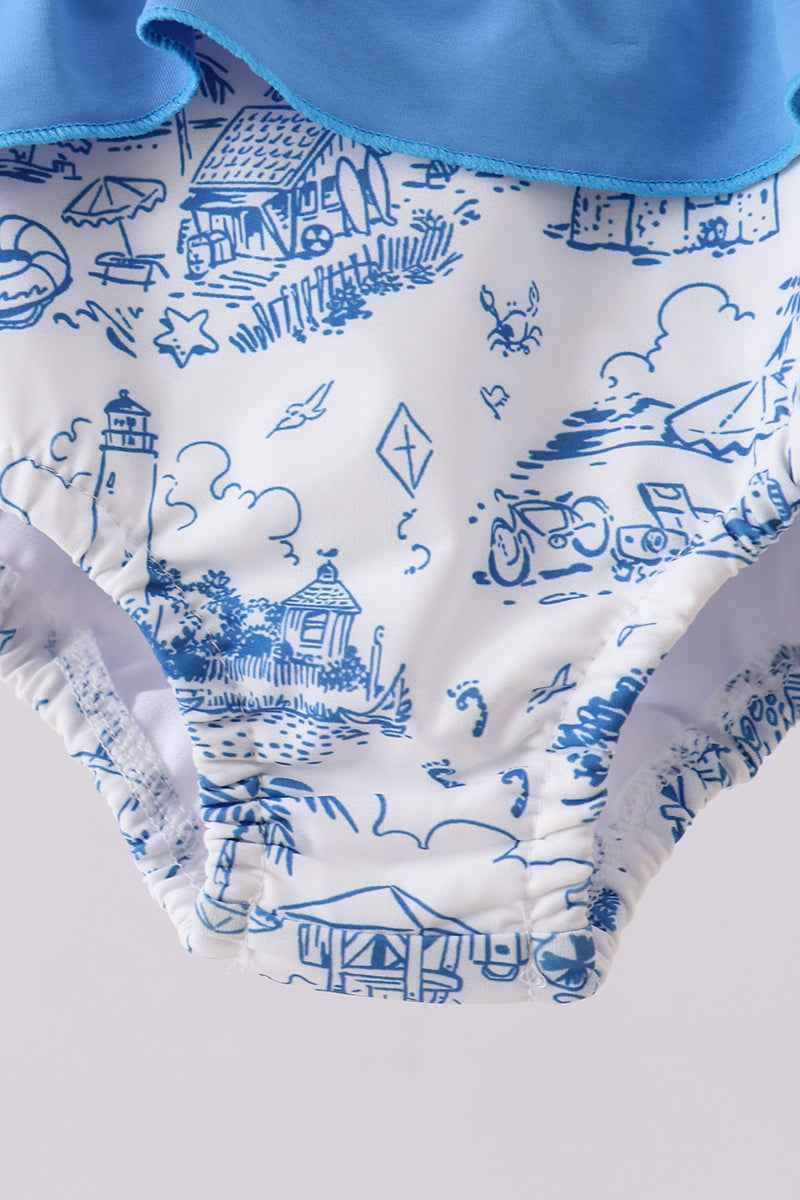 Blue beach sea turtle applique ruffle swimsuit - Abbies Place