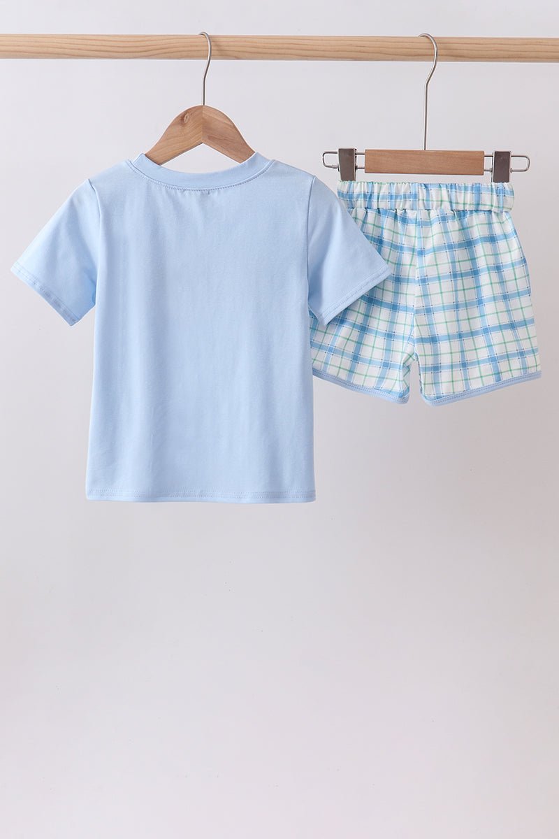 Blue birthday cake smocked plaid shorts set - Abbies Place