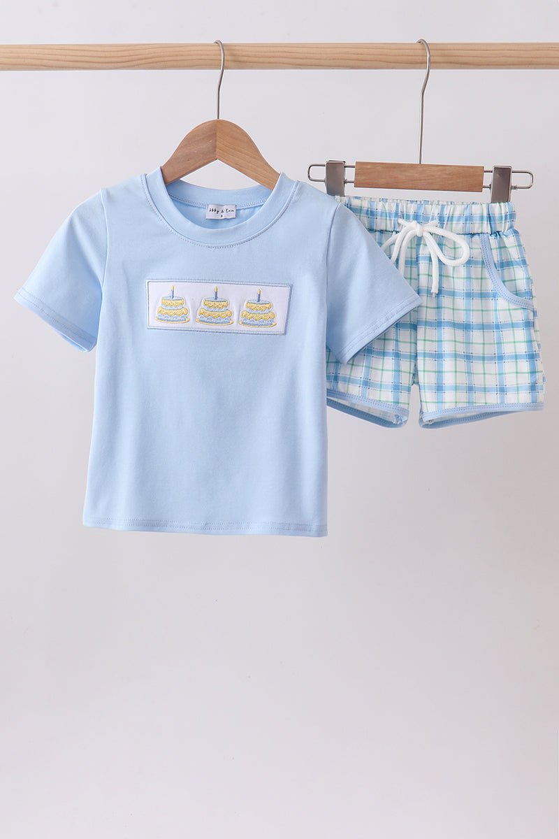 Blue birthday cake smocked plaid shorts set - Abbies Place