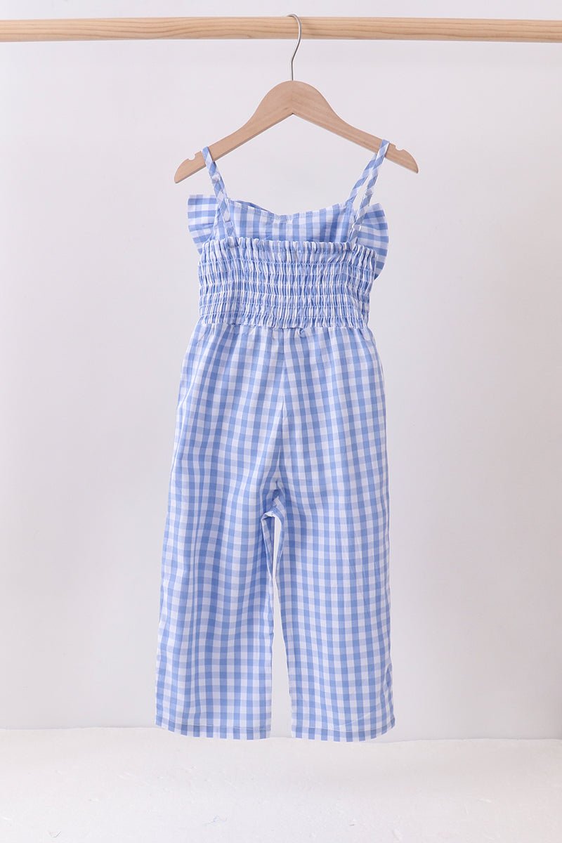 Blue bow gingham jumpsuit - Abbies Place