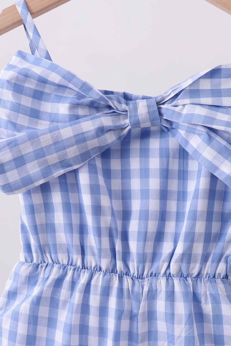 Blue bow gingham jumpsuit - Abbies Place