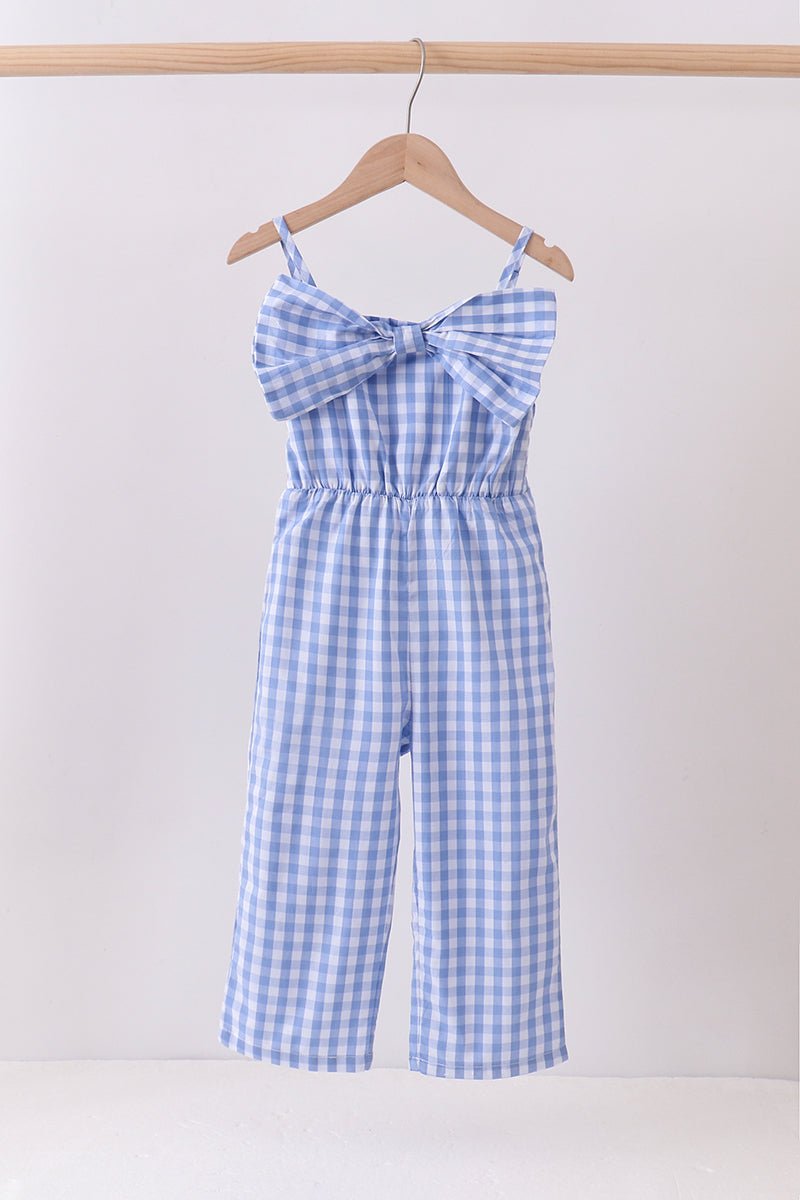 Blue bow gingham jumpsuit - Abbies Place