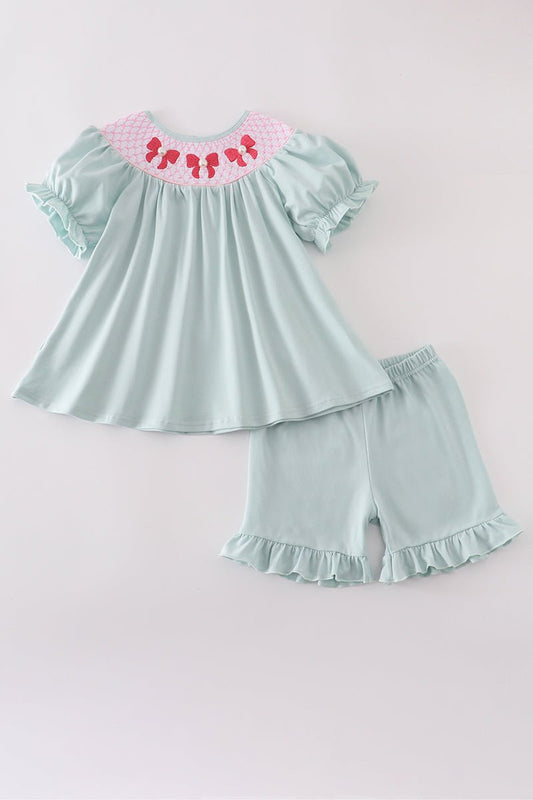 Blue bow pearl smocked ruffle shorts set - Abbies Place