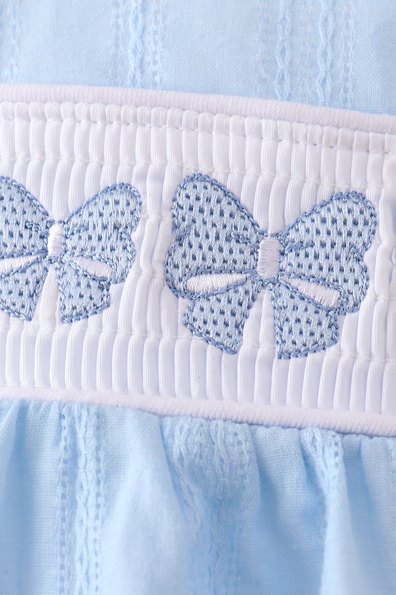 Blue Bow Smocked Embroidered Jacquard Bubble - Abbies Place