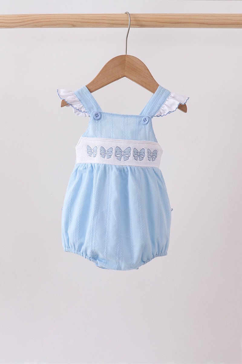 Blue Bow Smocked Embroidered Jacquard Bubble - Abbies Place