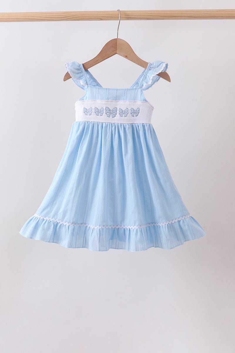 Blue Bow Smocked Embroidered Jacquard Dress - Abbies Place