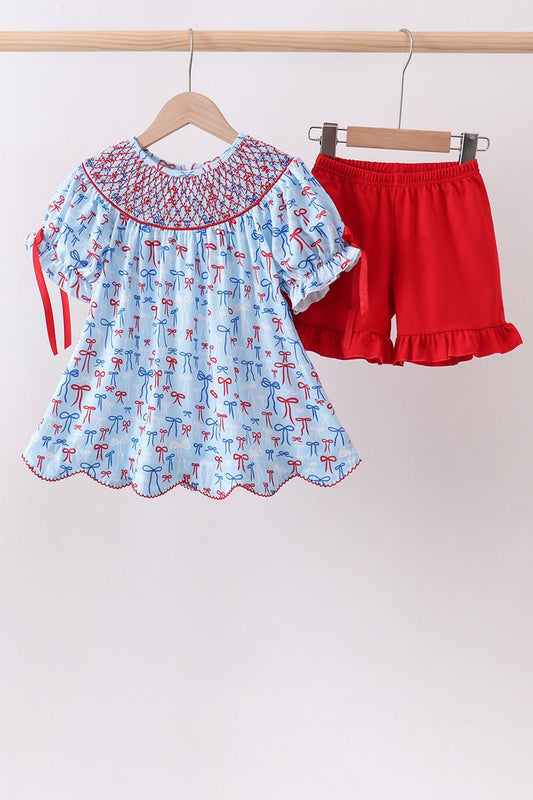 Blue bow smocked ruffle shorts set - Abbies Place