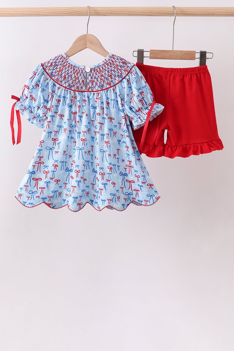 Blue bow smocked ruffle shorts set - Abbies Place