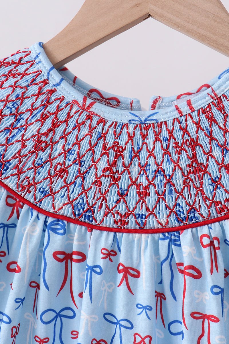 Blue bow smocked ruffle shorts set - Abbies Place