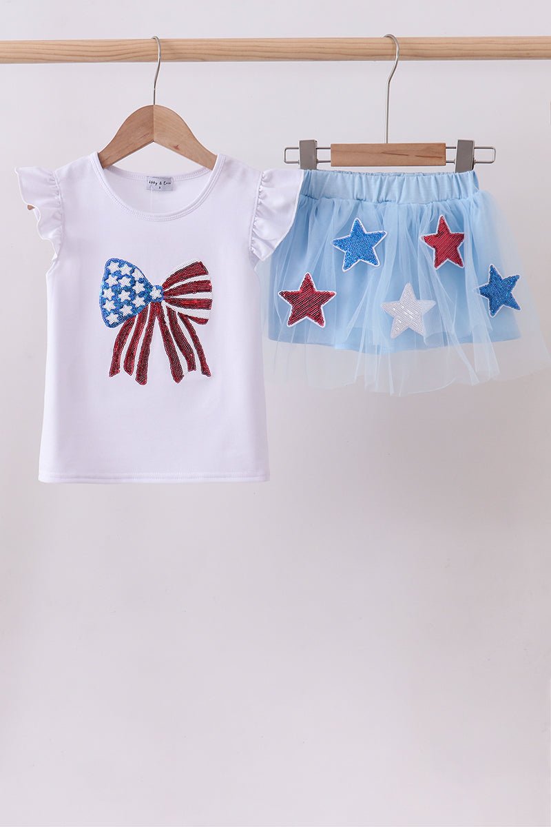 Blue bow star sequin skort set - Abbies Place